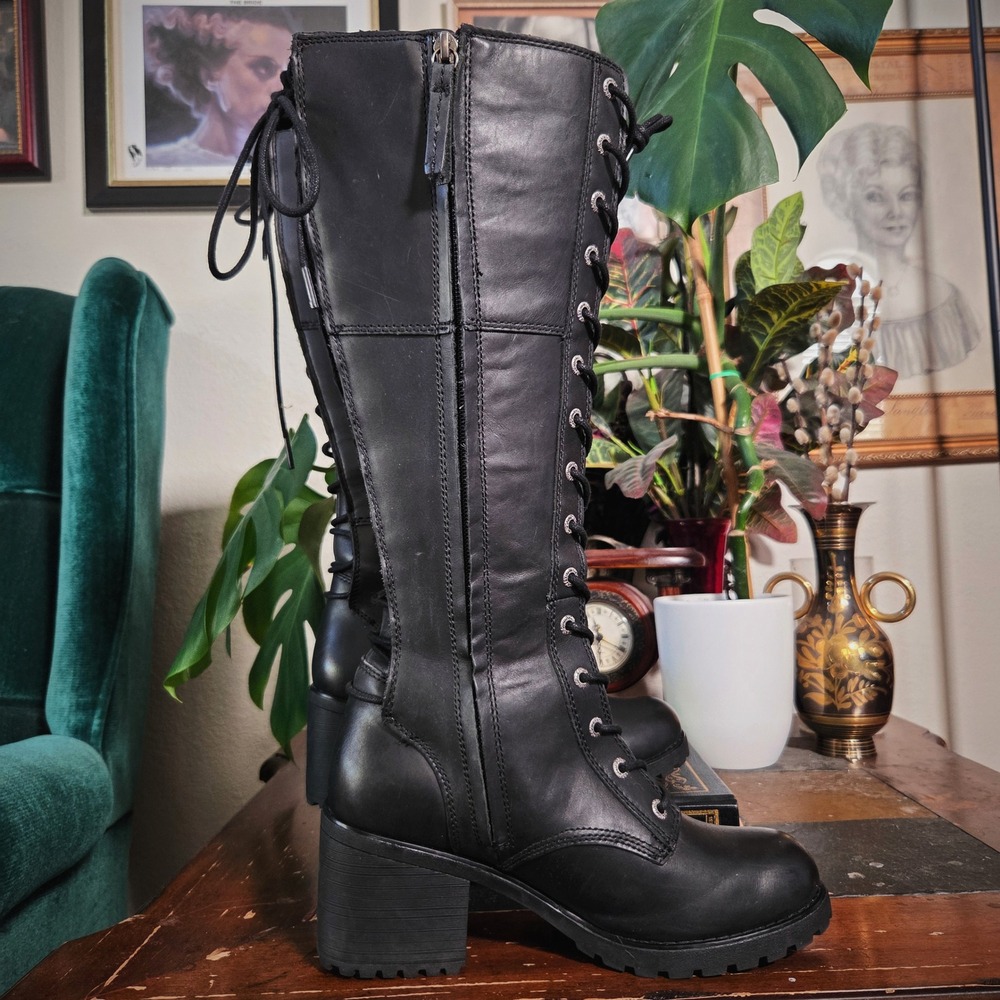 Harley Davidson Aldona Boots Biker Women Black Leather Tall Lace Up Size 7.5 M - Picture 3 of 9